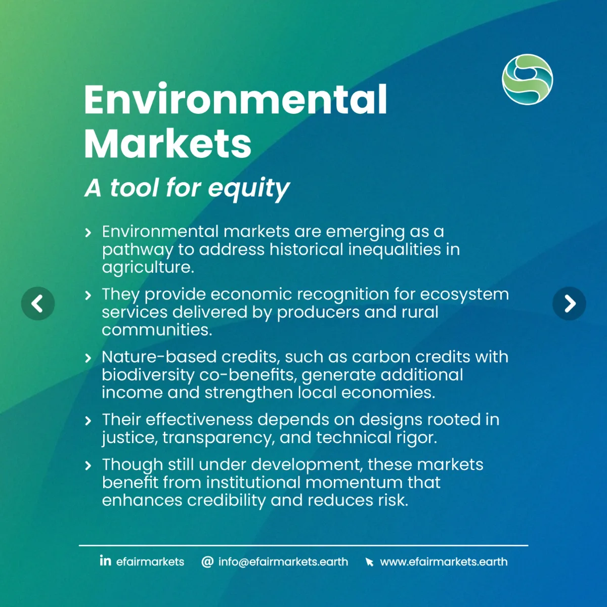 Environmental Markets — A tool for equity: economic recognition for ecosystem services, nature-based credits as additional income, designs rooted in justice and rigor.
